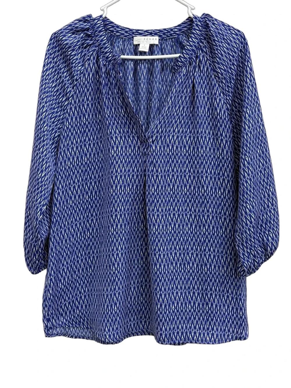 Kenar Blue White Ikat Print Peasant Blouse